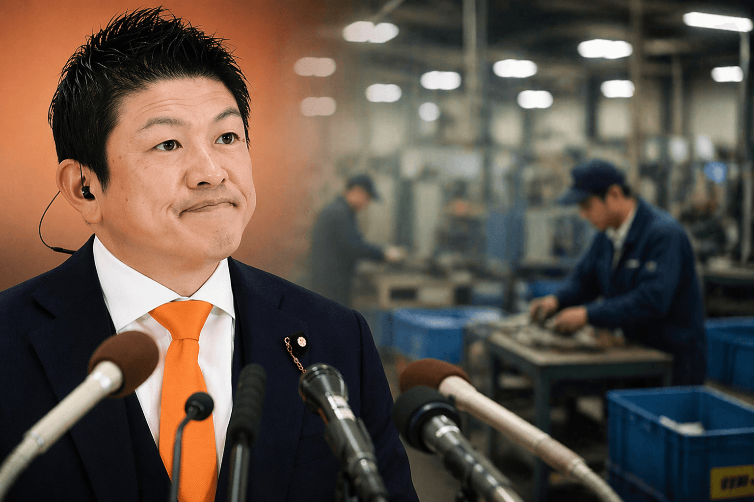 Político japonês em coletiva de imprensa com operário desfocado ao fundo, simbolizando debate sobre trabalho e imigração no JapãoP