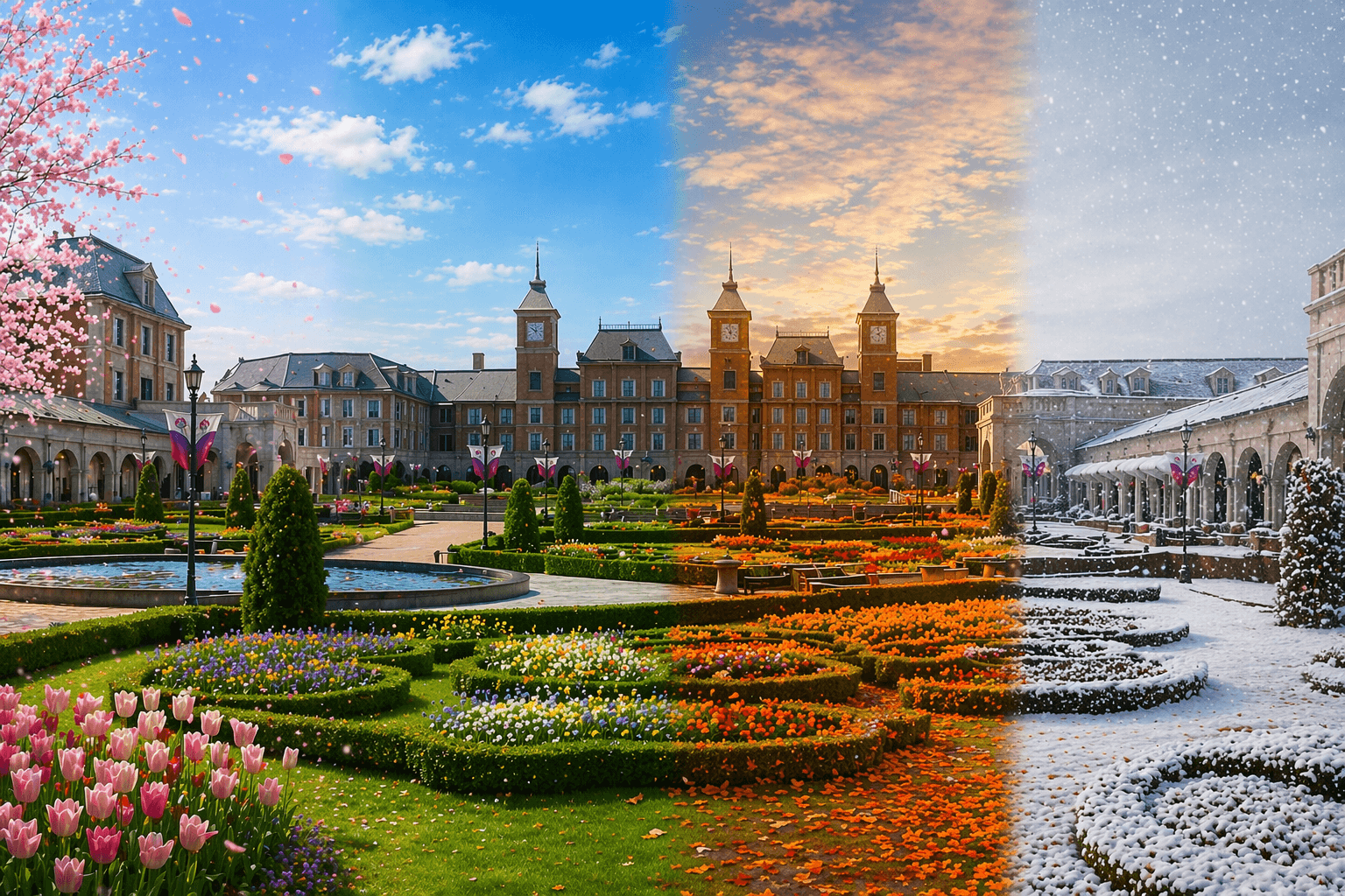 Jardim do parque em Kobe com transição das quatro estações, mostrando flores, cores de outono e neve no mesmo cenário